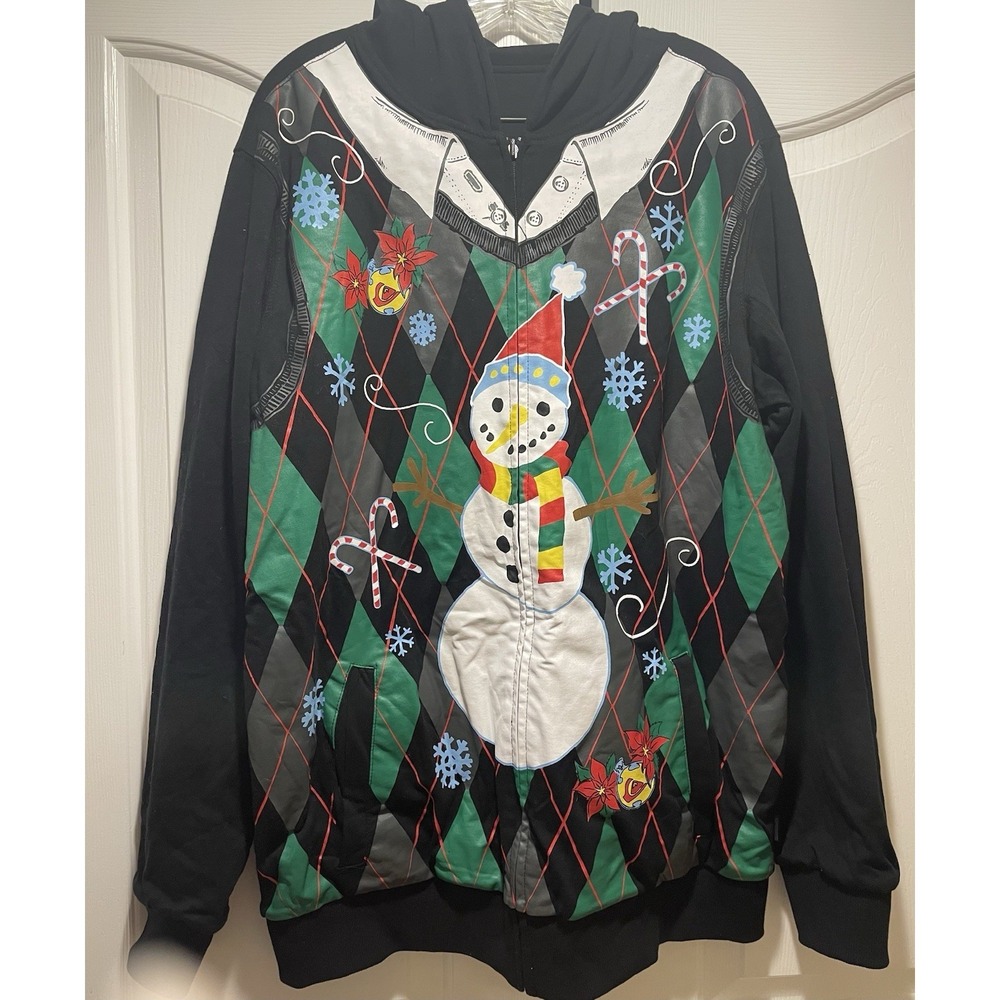 Quiksilver Mens Black Ugly Christmas Sweater Reversible Hoodie XL Snowman Argyle